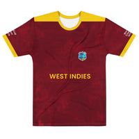 Front view of the maroon West Indies cricket T-shirt by Bat Ball Wicket, featuring an embroidered team logo on the chest and a sleek, athletic fit.