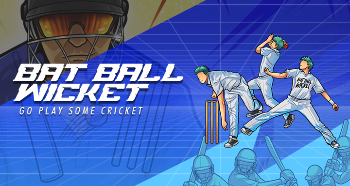 Bat Ball Wicket website banner featuring three animated cricket players in action with a dynamic background. The text 'Bat Ball Wicket' and 'Go Play Some Cricket' is prominently displayed, along with a close-up of a cricket player's helmet.