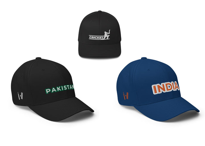 Collection of three cricket-themed hats. Top hat is black with 'CRICKET' text. Bottom left hat is black with 'PAKISTAN' in green. Bottom right hat is blue with 'INDIA' in orange. Each hat has a cricket bat and stumps logo