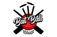 Logo of Bat Ball Wicket featuring a bold, stylized graphic with two black cricket bats crossed behind a red cricket ball, accented with cricket wicket bails above. The name 'Bat Ball Wicket' is emblazoned in bold, 3D-style white and gray lettering against the ball and background.