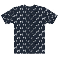 Full back view of the Bat Ball Wicket crew neck T-shirt featuring a repetitive white stump motif on a navy fabric, laid flat to display the design.