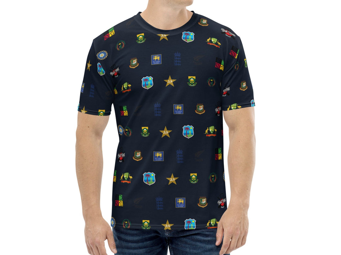 Full front view of a dark T-shirt covered with vibrant cricket team logos, celebrating the T20 World Cup.