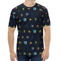 Full front view of a dark T-shirt covered with vibrant cricket team logos, celebrating the T20 World Cup.