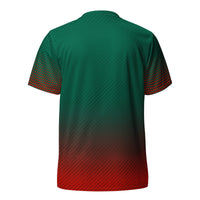 Rear view of the Bangladesh cricket jersey showing the green upper merging into red at the lower half with dotted pattern sleeves in red and green.