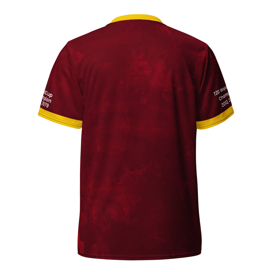 Rear view of the West Indies cricket jersey in maroon with yellow trim, featuring championship years printed on the sleeves.