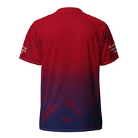 Rear view of the England cricket team jersey transitioning from red at the top to blue at the bottom, featuring championship years and cricket-themed patterns on the sleeves.