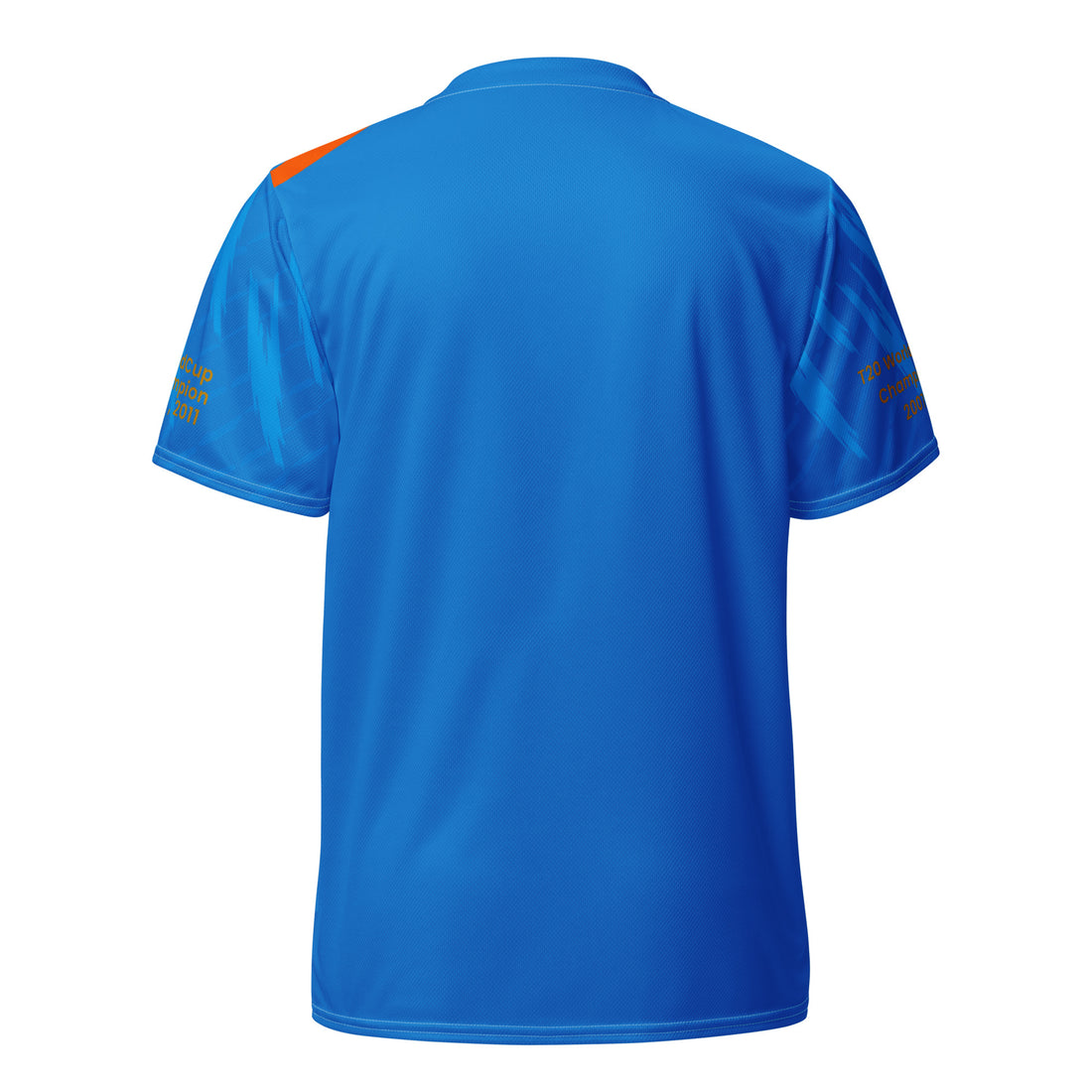 Back view of a blue sports jersey with sleeve text that reads "T20 World Cup Champion "