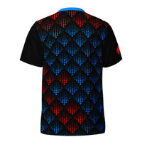 Back view of the Afghanistan cricket team jersey by Bat Ball Wicket, displaying a black jersey with red and blue pixelated diamond patterns.