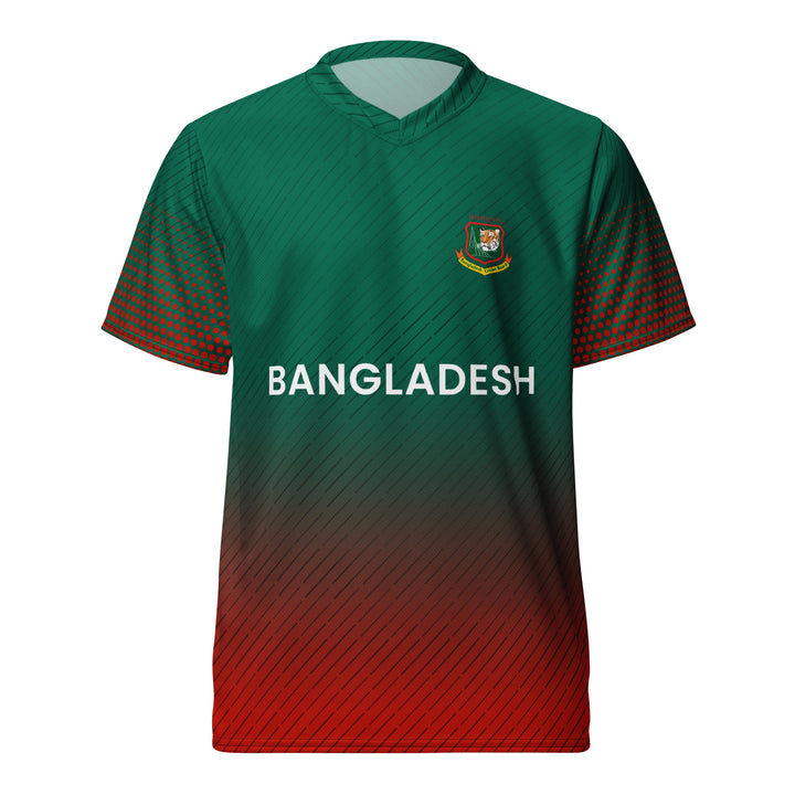 Front view of the Bangladesh cricket jersey featuring a gradient design from green to red with the country name "Bangladesh" and the national crest on the chest, along with a patterned sleeve design in contrasting dots.