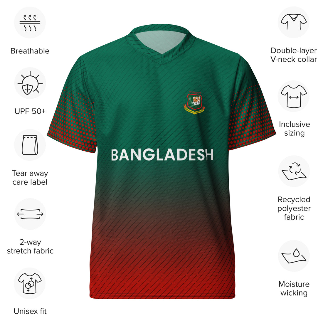 Bangladesh cricket jersey displayed with icons detailing features like breathable fabric, UPF 50+ protection, tear-away care label, double-layer V-neck collar, inclusive sizing, recycled polyester fabric, and moisture-wicking properties.