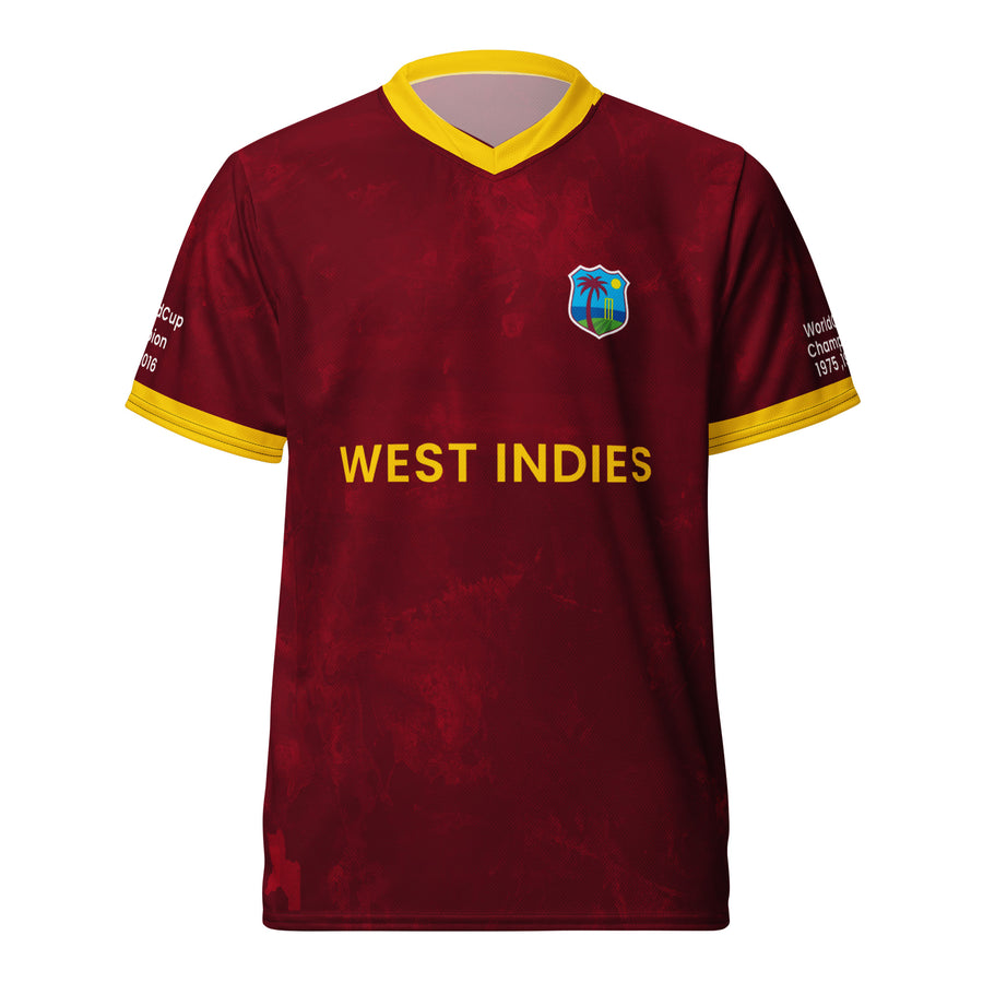 Front view of the West Indies cricket jersey in maroon with "WEST INDIES" printed in yellow across the chest and the team crest on the upper left, showcasing the years of championship victories on the sleeves.