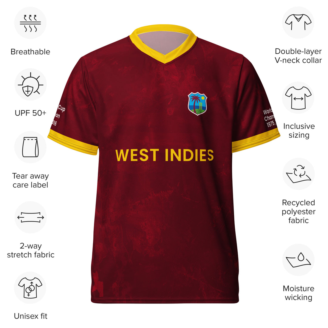 Detailed view of the West Indies cricket jersey with feature icons such as breathable fabric, UPF 50+ protection, tear-away care label, double-layer V-neck collar, inclusive sizing, recycled polyester fabric, and moisture-wicking properties.