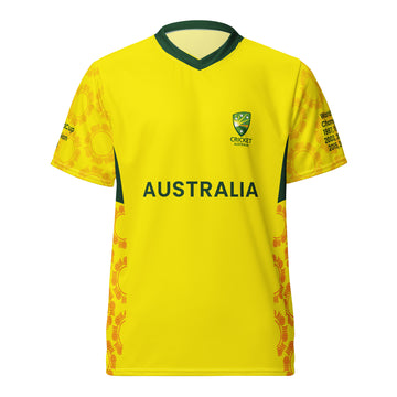 Front view of the Australian cricket team jersey in yellow, with "AUSTRALIA" printed across the chest, team crest on the upper left, and a decorative cricket-themed pattern on the sleeves highlighting championship years.