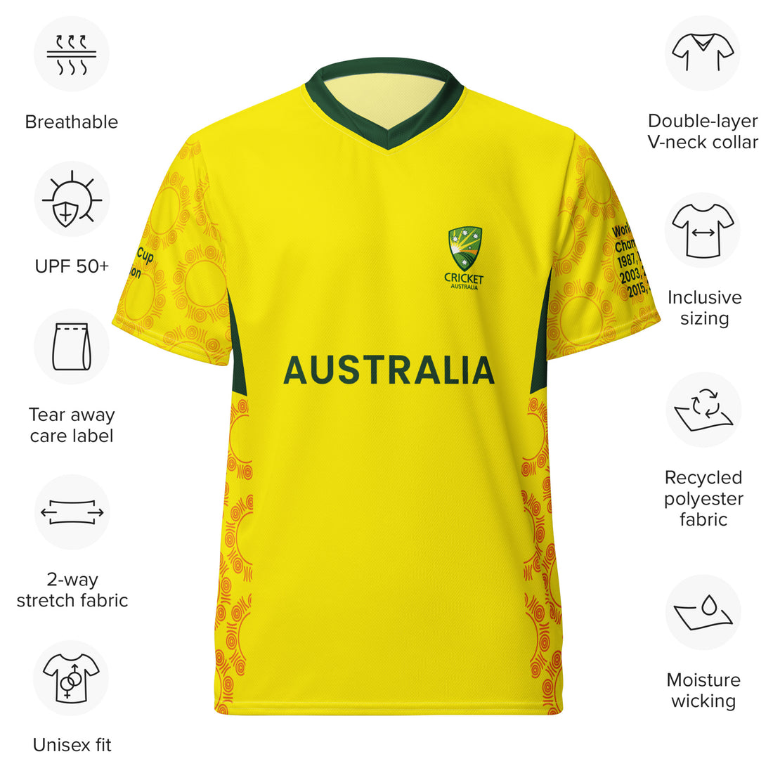 Full display of the Australian cricket team jersey with features icons such as breathability, UPF 50+ protection, tear-away care label, double-layer V-neck collar, inclusive sizing, recycled polyester fabric, and moisture-wicking properties.