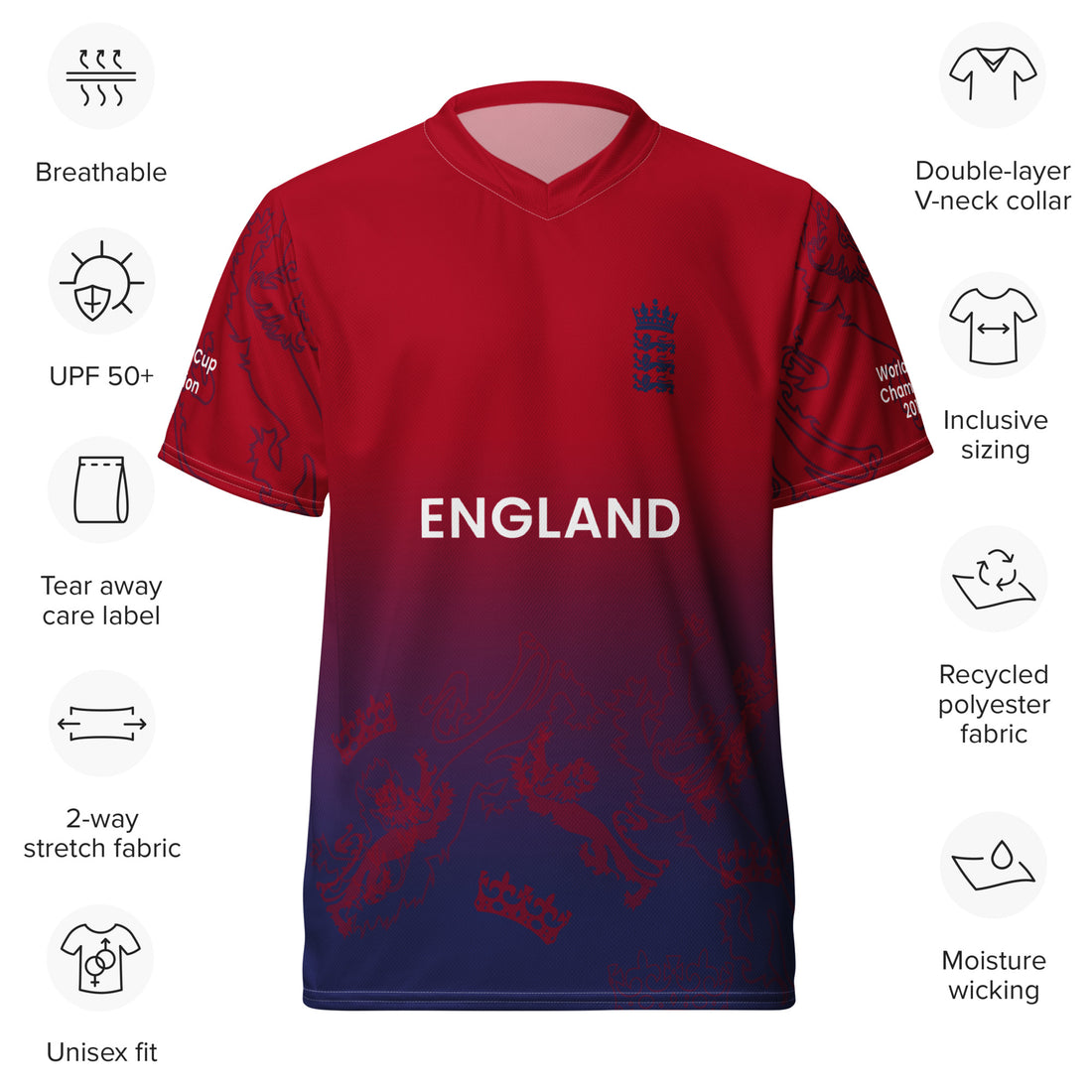 Front display of the England cricket team jersey featuring "ENGLAND" printed in white across the chest, with a gradient from red to blue and detailed cricket patterns on the sleeves.