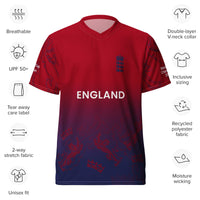 Front display of the England cricket team jersey featuring "ENGLAND" printed in white across the chest, with a gradient from red to blue and detailed cricket patterns on the sleeves.