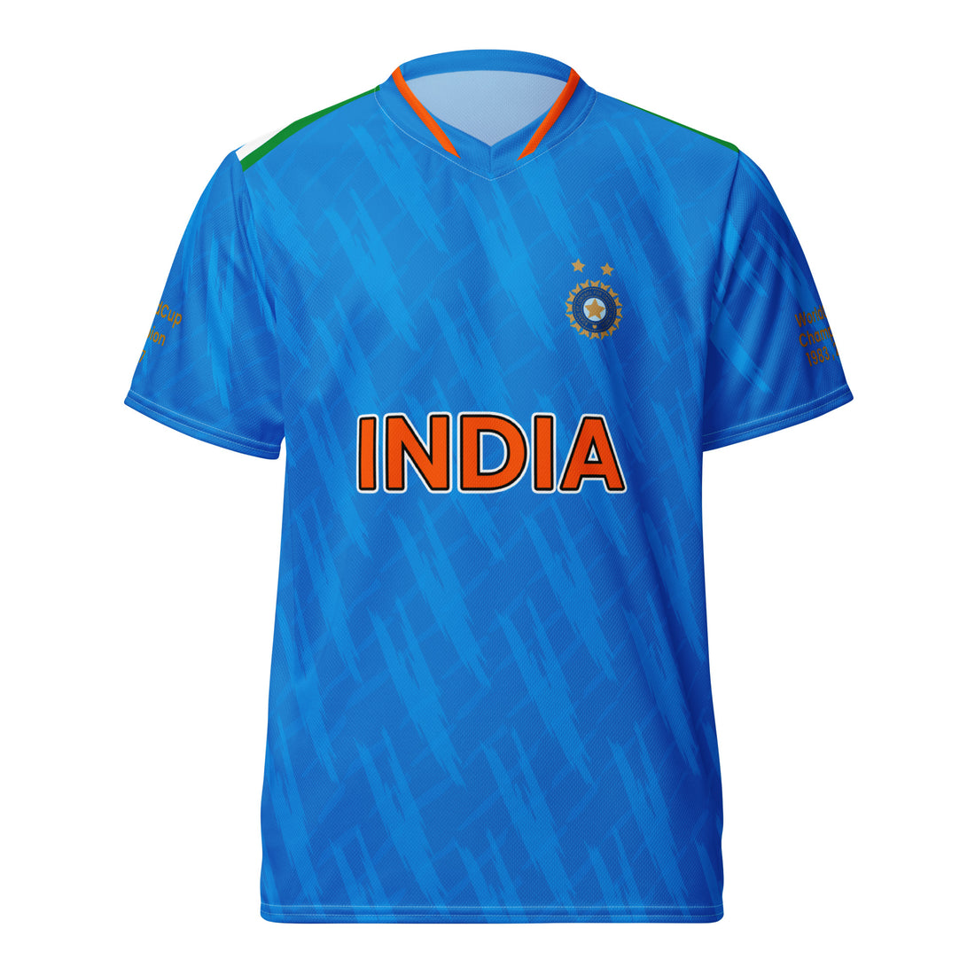 Front view of a blue cricket jersey with "India" written in orange and the Indian cricket emblem above it.