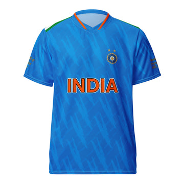 Front view of a blue cricket jersey with "India" written in orange and the Indian cricket emblem above it.