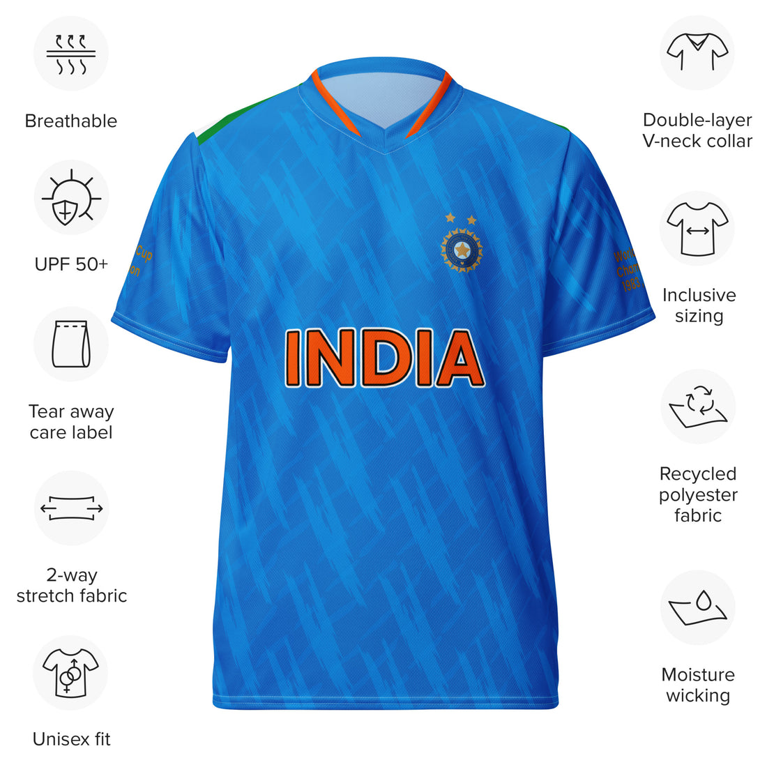 Front view of a blue sports jersey featuring the India cricket team logo and the word "India" in orange, with product features such as breathability and recycled polyester fabric listed.