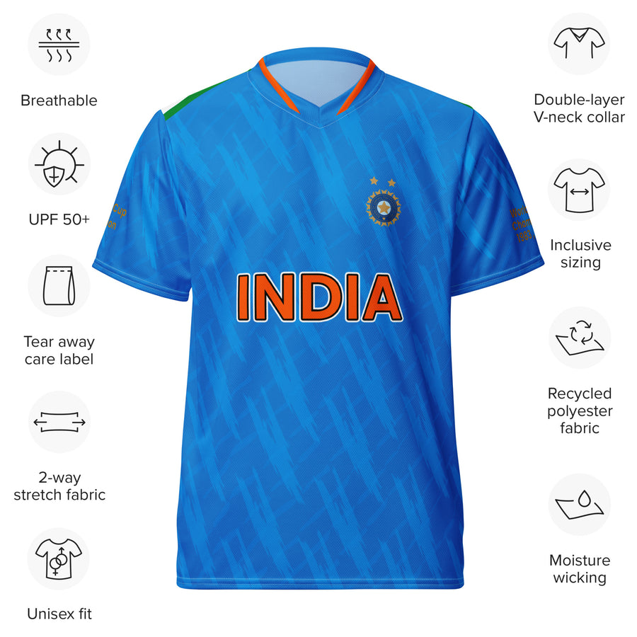 Front view of a blue sports jersey featuring the India cricket team logo and the word "India" in orange, with product features such as breathability and recycled polyester fabric listed.