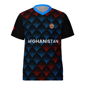 Front view of the Afghanistan cricket team jersey by Bat Ball Wicket, featuring a black jersey with red and blue pixelated diamond patterns, Afghanistan logo, and text “AFGHANISTAN” across the chest.