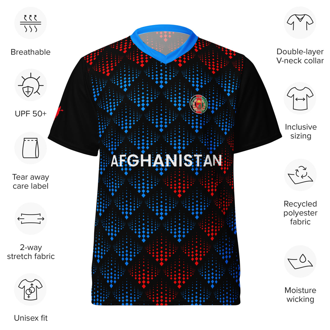 Front view of the Afghanistan cricket team jersey by Bat Ball Wicket, highlighting the black jersey with red and blue pixelated diamond patterns, Afghanistan logo, and various features such as breathability and UPF 50+.