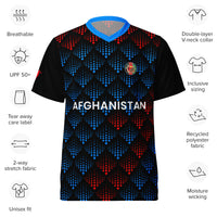 Front view of the Afghanistan cricket team jersey by Bat Ball Wicket, highlighting the black jersey with red and blue pixelated diamond patterns, Afghanistan logo, and various features such as breathability and UPF 50+.