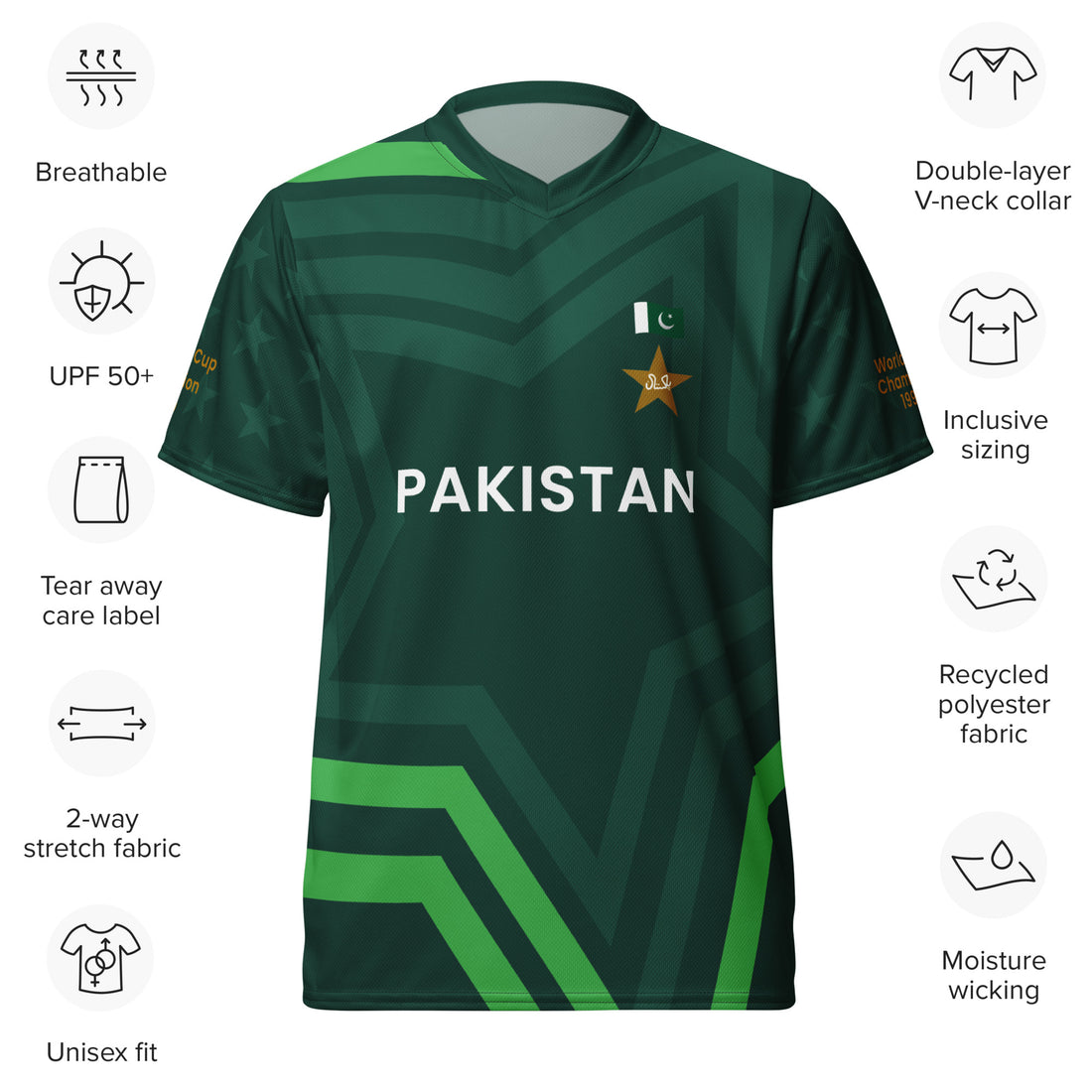 Front view of a Pakistan cricket team jersey with the text "Pakistan" and the team&