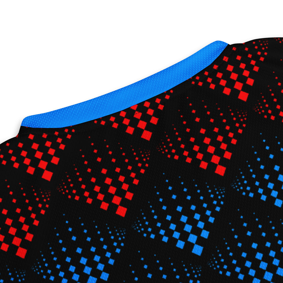 Close-up view of the back collar of an Afghanistan cricket team jersey by Bat Ball Wicket, featuring a blue neckline with red and blue pixelated patterns.