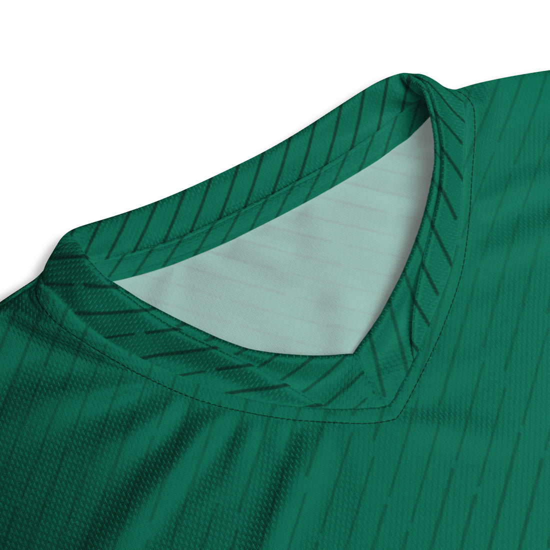 Close-up view of the collar area of the Bangladesh cricket jersey, showing the double-layer V-neck design in green with a light interior lining.