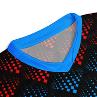 Close-up view of the front collar of an Afghanistan cricket team jersey by Bat Ball Wicket, showcasing a blue V-neck collar with a red and blue pixelated design.