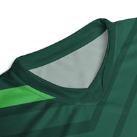 Close-up of the V-neck collar on a Pakistan cricket team jersey, highlighting the inner lining and fabric design.