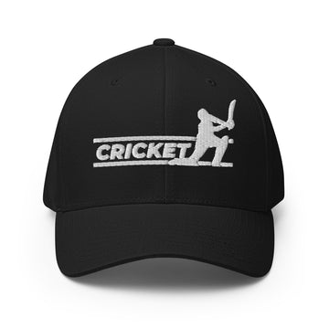 Black FlexFit™ cricket cap with a white 'CRICKET' logo and batsman design on the front.