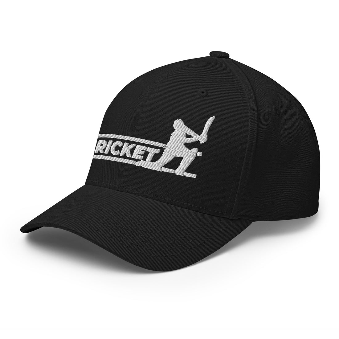 Side view of a black FlexFit™ cricket cap, focusing on the embroidered batsman and &