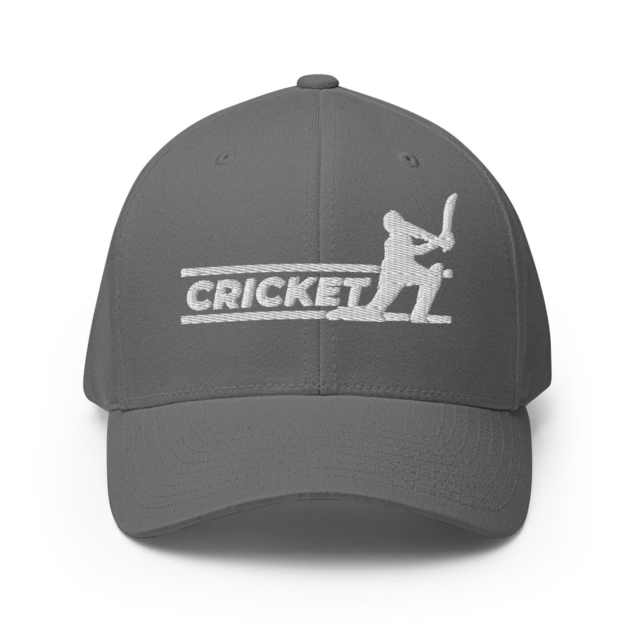 Grey FlexFit™ cricket cap featuring a white 'CRICKET' text and batsman graphic on the front.