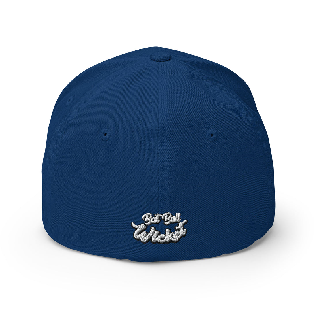 Back view of a royal blue FlexFit™ cricket cap showing the &