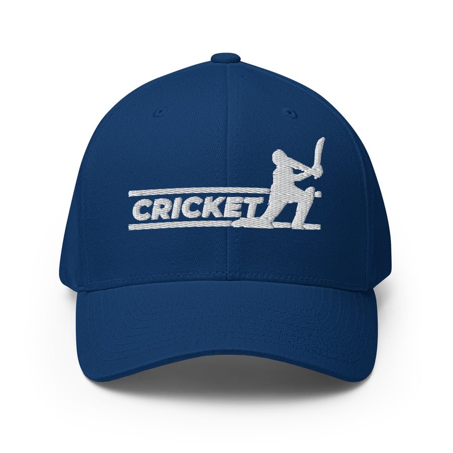 Royal blue FlexFit™ cricket cap with a white 'CRICKET' logo and batsman silhouette embroidered on the front