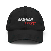 Distressed black dad hat with 'Afghan Cricket' embroidered in white and red, seen from the front, combining sporty flair with vintage style.