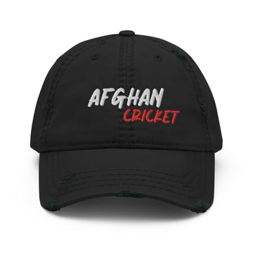 Distressed black dad hat with 'Afghan Cricket' embroidered in white and red, seen from the front, combining sporty flair with vintage style.