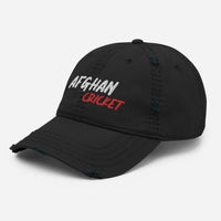 "Front view of a distressed black dad hat featuring bold 'Afghan Cricket' embroidery in white and red on the front, with frayed edges for a casual, worn-in style.