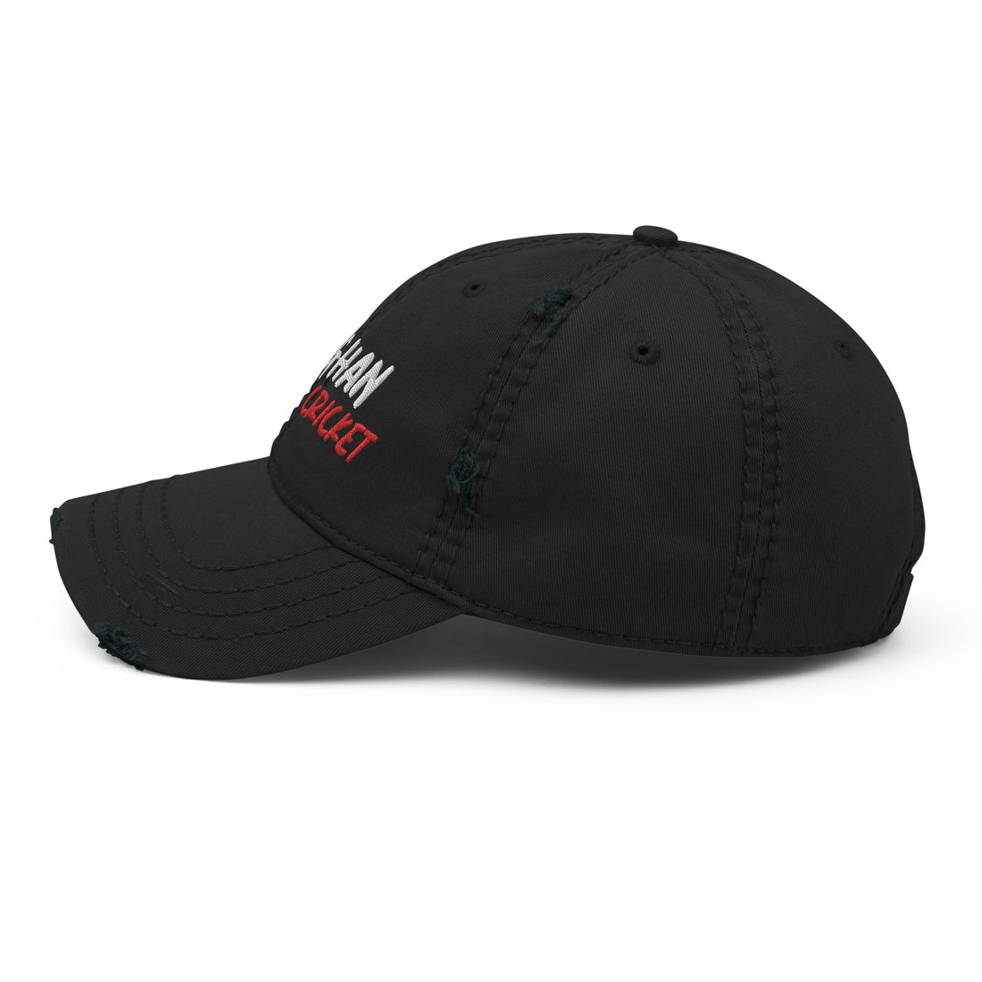 ide view of a distressed black dad hat with &