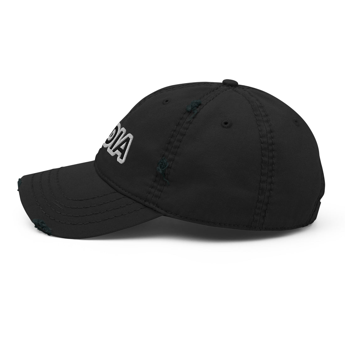 Left side view of the black distressed cap, showcasing clean embroidery of the word &