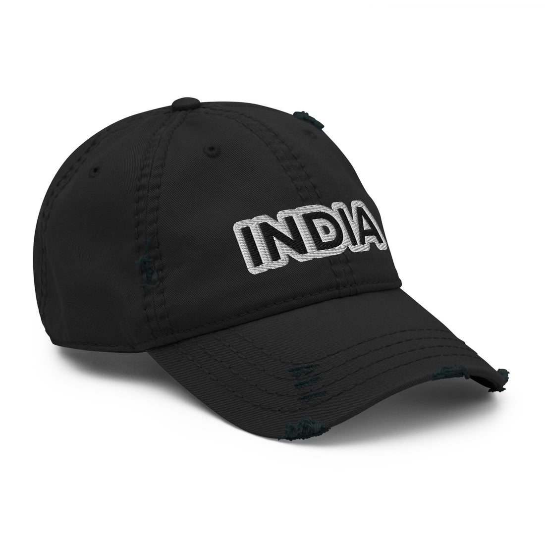 Front right angle view of a black distressed cap with a bold &