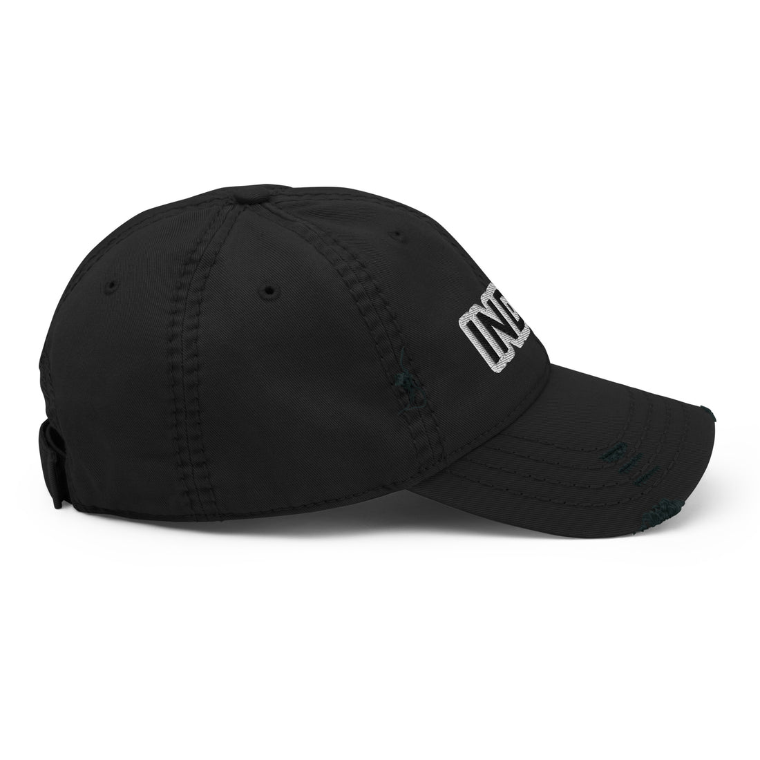 Right side view of the black distressed cap, showcasing clean embroidery of the word &