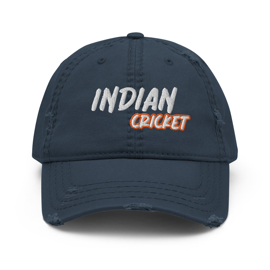 Close-up front view of the navy distressed cap with 'Indian Cricket' embroidery, ideal for showing team spirit at cricket matches and beyond.