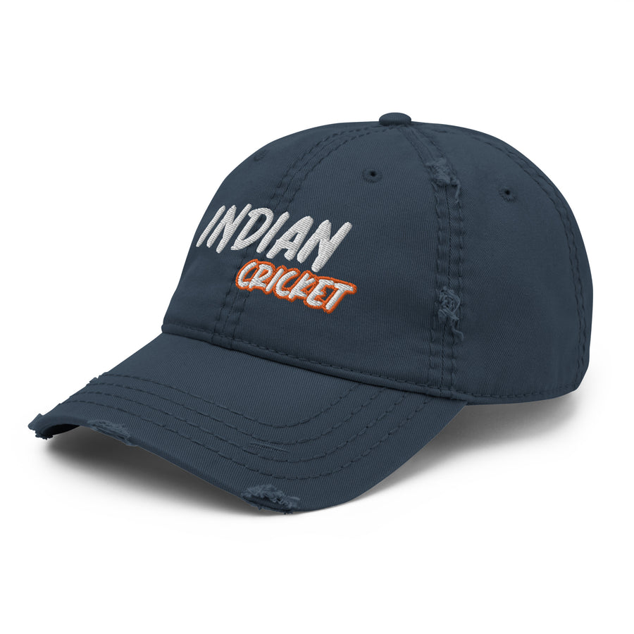 Front view of a navy distressed cap with 'Indian Cricket' embroidered in white and orange on the front, showcasing a trendy, worn look.