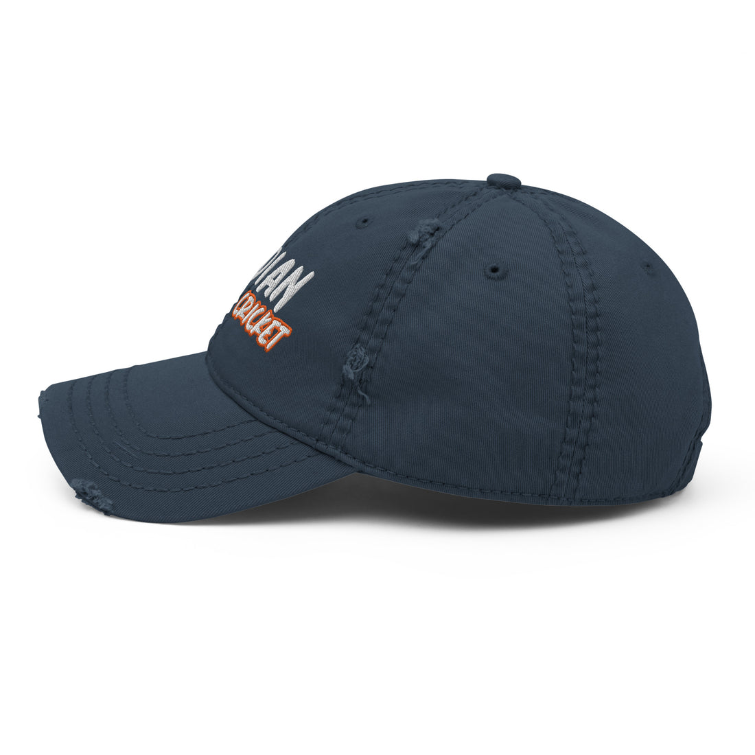 Side view of the navy distressed cap, highlighting the detailed &