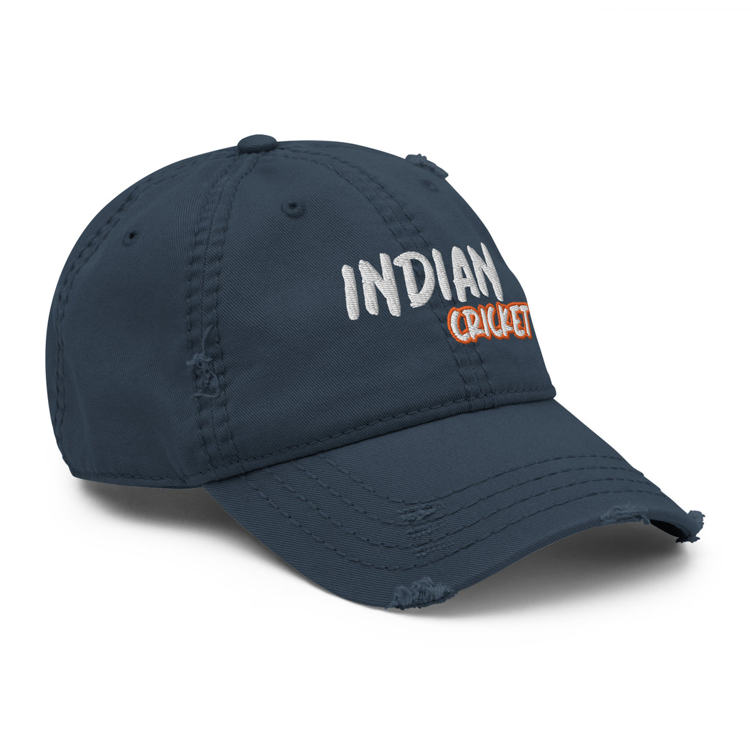 Right side view of the navy distressed cap featuring bold &