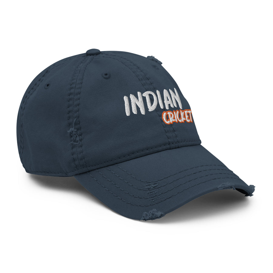 Right side view of the navy distressed cap featuring bold 'Indian Cricket' embroidery, perfect for cricket enthusiasts and fashion-forward fans.