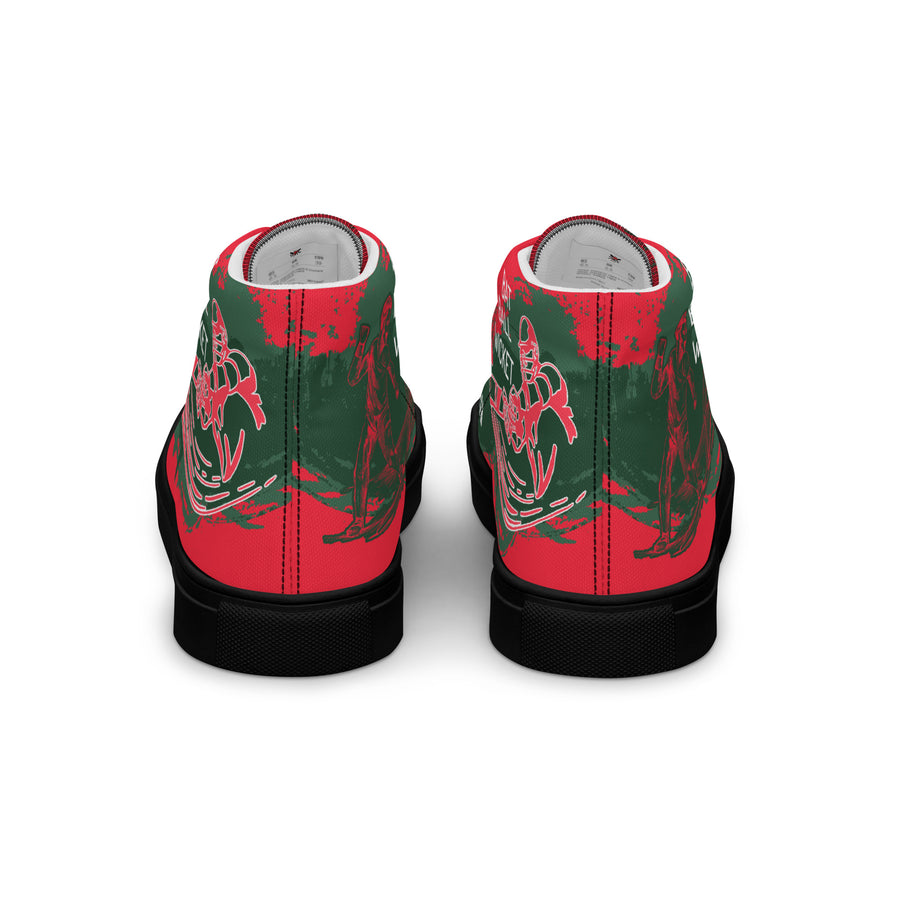 Rear view of Bat Ball Wicket high-top sneakers showing a vivid red and green cricket action design with the Bat Ball Wicket logo, embodying the spirit of the Bangladesh cricket team.